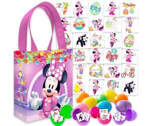 Disney Minnie Mouse Easter Egg Hunt Supplies - Bundle con 12 uova di Pasqua in plastica riempibili, 70 tatuaggi, 45+ tatuaggi primaverili, mini borsa cestino | Set di caccia pasquale Minnie Mouse