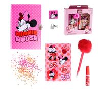 Disney Minnie Mouse Set di Cancelleria, Include 1 Penna Pom Pom, Paillettes, Adesivi, Taccuino con Lucchetto e Chiavi, Set Regalo per Ragazze