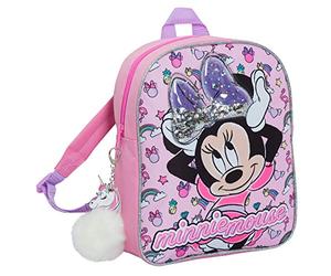 Disney Minnie Mouse - Zaino per ragazze con fiocco di paillette e glitter, per scuola, asilo nido, porta pranzo, junior, con pon pon a forma di unicorno, Rosa, One Size