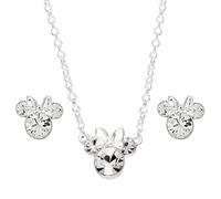 Disney Set Collana e Orecchini Minnie Mouse Ottone Placcato Argento Cristalli Trasparenti NUOVO