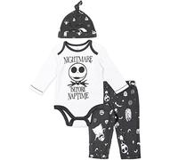 Disney Nightmare Before Christmas Jack Skellington Zero Sally Newborn Baby Boys 3 Piece Outfit Set: Cuddly Bodysuit Pants Hat White / Gray 3-6 Months
