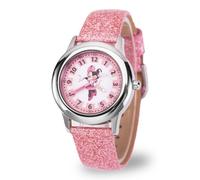 Disney Minnie Mouse - Orologio analogico in acciaio inox per bambini, con cinturino in pelle, cassa liscia, rosa, rosa, striscia