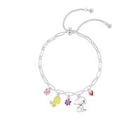 Disney Peanuts Snoopy - Braccialetto dell'amicizia con licenza ufficiale, 5 ciondoli smaltati colorati con Snoopy e Woodstock, braccialetto regolabile color argento, regalo per i fan dei Peanuts