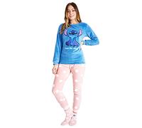 Disney Pigiama Donna Invernale in Pile con Calze Stitch Topolino Minnie Baby Yoda (Blu Rosa Stitch, XL)