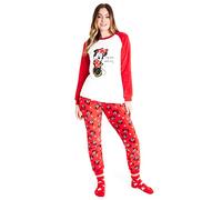Disney Pigiama Donna Invernale in Pile con Calze Stitch Topolino Minnie Baby Yoda (Rosso Bianco Minnie, M)