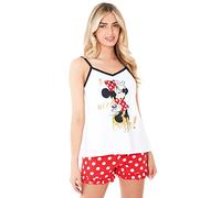 Disney Pigiama Donna Pigiama Estivo Donna Stitch Hi Ho Winnie The Pooh Minnie Crudelia Pigiami Donna Cotone Misto con Canotta con Spalline e Pantaloncini S-XL (L, Bianco/Rosso Minnie)