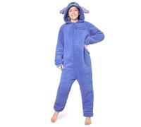 Disney Pigiama Intero Bambina - Pigiamone Stitch in Pile con Zip 4-15 Anni - Pigiami Interi con Cappuccio Gadget Regalo (Blu Stitch, 7-8 Anni)
