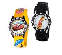 Disney Pixar - Set di 2 orologi per bambini dai 4 ai 7 anni, con Dash degli Incredibili e Saetta McQueen di Cars, lunette nere con cinturini gialli e neri, ricevi 2 orologi misteriosi bonus