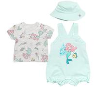 Disney Princess Ariel Newborn Baby Girls Short Overalls T-Shirt and Hat 3 Piece Outfit Set Blue/White 3-6 Months
