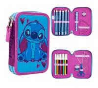 Disney Riempito Astuccio con Cancelleria Scuola (Doppia cerniera Stitch Blu/Rosa)