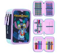 Disney Riempito Astuccio con Cancelleria Scuola(Stitch Tripla Zip)