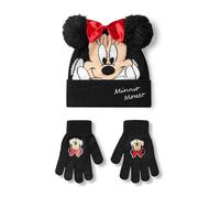 Disney Set Berretto e Guanti per Ragazze Minnie Mouse | Cappello Invernale Lavorato a Maglia Nero con PON PON e Fiocco Rosso | Cappello e Guanti per Bambini Taglia Unica con la Faccia del Personaggio