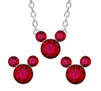 Disney Set Collana ed Orecchini in Ottone per Mese di Nascita, con Mickey Mouse - Luglio Rosso Rubino