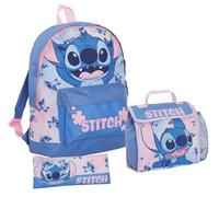 Disney Set da 3 pezzi con zaino Stitch + borsa per il pranzo + astuccio per la scuola per ragazze, Blu, Set zaino