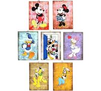 Disney Set di 7 Quadri Mickey Minnie Mouse Doland Daisy Duck Goofy Pluto Stile Vintage Serie Fumetti Cartoon da Collezione Stampa su Legno 25x18 cm.