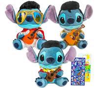 Disney Set di peluche Stitch - Confezione da 3 pezzi con peluche da 22,9 cm per bambini, ragazzi e ragazze, con ricamo con costumi di Elvis e adesivi, più bambole peluche