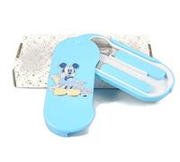 Disney Set Posate per Bambini Mickey e Minnie, Forchetta e Cucchiaio con Portaposate, Rosa e Celeste (Celeste)