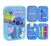 Disney Stitch Astuccio Bambina Riempito con Scuola Cancelleria, Grande Capacità Frozen Colorazione Set Cancelleria Bambini, Regalo Bambina (Blu Stitch 2 Scomparto)