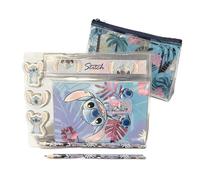 Disney Stitch, astuccio e set di cancelleria per bambini, in PVC trasparente, con cerniera, gomme, matita HB, temperamatite, righello e blocco note