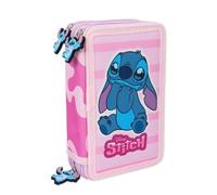 Disney Stitch Astuccio Triplo Scuola Elementare | Astuccio 3 Scomparti Completo Ragazza | Portapenne Attrezzato Bambina Rosa | Con Cancelleria Matite E Pennarelli