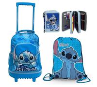Disney Stitch Azzurro Grande Zaino Trolley con Ruote + Astuccio + Sacca Scuola