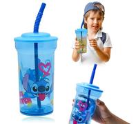 Disney Stitch - Bicchiere con cannuccia per bambini, 460 ml, senza BPA, con cannuccia e coperchio, riutilizzabile, per bambini dai 4 anni in su