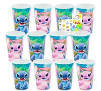 Disney Stitch - Bicchieri riutilizzabili da 425,2 g per feste per bambini, confezione da 12 pezzi con tazze da 425,2 g e adesivi, altro ancora | Bicchieri d'acqua Bulk Stitch e Angel