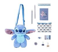 Disney Stitch - Borsa in peluche, con astuccio, matita, temperino, gomma, taccuino, note adesive, righello, clip di carta e matita da colorare, regalo set di cancelleria per ragazze