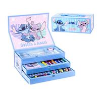 Disney Stitch - Set di cancelleria, con matite colorate, pennarelli, acquerelli, pennello, spugna, matita, temperamatite, gomma, cera colorata, taccuino, astuccio valigetta, set scolastico per ragazze