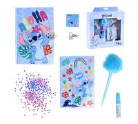 Disney Stitch Set di Cancelleria, Include 1 Penna Pom Pom, Paillettes, Adesivi, Taccuino con Lucchetto e Chiavi, Set Regalo per Ragazze