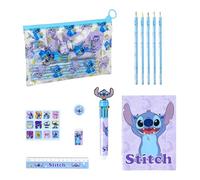 Disney Stitch Set di Cancelleria, Include 5 Matite Colorate, Righello, Penna Colorata, Adesivi, Gomma, Temperino, Quaderno e Astuccio, Set di Cancelleria Regalo per Ragazze
