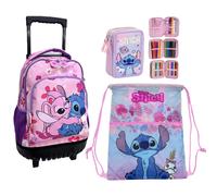 Disney Stitch Set Grande Zaino Trolley Ruote Scuola Astuccio 3zip Sacca Sport