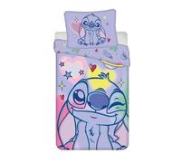 Disney Store Lilo e Stitch Completo Letto Spazzolalo, 100% Cotone, Viola con Cuori e Stelle, Copripiumino 140x200 cm + Federa 70x90 cm, con Chiusura a Cerniera