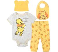 Disney Winnie The Pooh - Set completo per bambini e bambine, con tutina, pantaloni, bavaglino e cappello, Giallo, 12 mesi