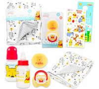 Disney Winnie The Pooh - Set regalo per bambini, 6 pezzi essenziali per neonati, con coperta, sonaglio, bottiglia, massaggiagengive, adesivi per album di ritagli, molto altro ancora, regali per baby