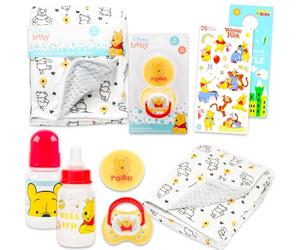 Disney Winnie The Pooh - Set regalo per bambini, 6 pezzi essenziali per neonati, con coperta, sonaglio, bottiglia, massaggiagengive, adesivi per album di ritagli, molto altro ancora, regali per baby
