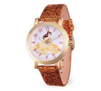 DISNEY Women's Princess Belle Analog-Quartz Watch with Leather-Synthetic Strap, Gold, 17 (Model: WDS000237)