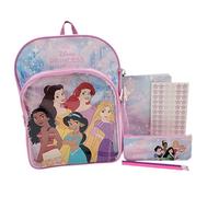 Disney Zaino da principessa per ragazze, con astuccio, quaderno, adesivi e matite | Ariel, Belle, Moana, Jasmine & Rapunzel, set regalo di cancelleria principessa