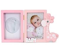 DISOK - Cornice in legno + impronte giraffa rosa - Bomboniera impronte bebè bambina per battesimo - Cornici con impronte per battesimo