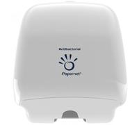 Dispenser antibatterico per carta igienica interfogliata e rotolini