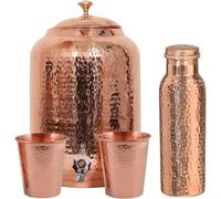 Dispenser d'acqua in puro rame martellato con 2 bicchieri in rame e 1 bottiglia, benefici per la salute ayurvedica, grande serbatoio per la guarigione, casa e cucina (4 litri)