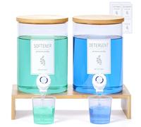 Dispenser di Detersivo per Bucato in Vetro con Mensola e Coperchio in Bambù - 3,5 Litri di Detersivo Liquido, Dispenser per Sapone da Bucato e Ammorbidente per l'Organizzazione e Conservazione della