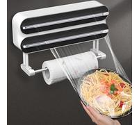 Dispenser di pellicola trasparente 3 in 1 con porta rotolo da cucina, porta rotolo da parete da cucina, dispenser di pellicola con taglierino, dispenser magnetico di pellicola in alluminio e contenuto
