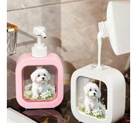 Dispenser di sapone a pompa bianco, rosa e nero - Un simpatico cagnolino maltese seduto su uno sfondo floreale - Pelo bianco, grandi occhi da cerbiatto, dispenser di sapone ricaricabile per bagno e cu