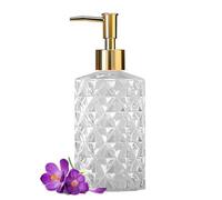Dispenser di sapone in vetro trasparente per bagno, 330 ml, dispenser di sapone per lozione con pompa dorata, dispenser di sapone per le mani riutilizzabile con design in cristallo per sapone per piatti da cucina, gel doccia, shampoo (trasparente con pompa dorata)
