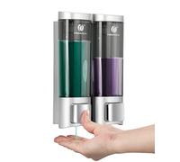 Dispenser di sapone manuale a parete, 2 x 200 ml, contenitore per shampoo da camera per lozione e gel doccia per WC, bagno, hotel, cucina, 12,7 cm, 5 in x 6,2 cm x 20 cm, argento