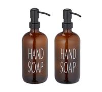 Relaxdays Dispenser di Sapone Liquido in Vetro, Set 2, Testa a Pompa, Ricaricabile, Dosatore Portasapone 500 ml, Marrone