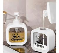 Dispenser di sapone manuale per il campeggio felice - Disegno vintage di camper e roulotte classiche, con bolle turchesi, fiori rosa e etichetta "Happy Camping", bottiglia con pompa idratante adatta p