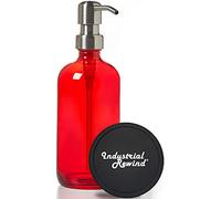 Dispenser di sapone rosso con pompa in acciaio inox, 473,6 ml, dispenser di sapone in vetro rosso con sottobicchiere antiscivolo e protezione superiore