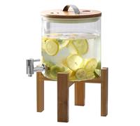 Dispenser per bevande a forma di barile, 5 l, dispenser trasparente con base in legno, per alcool con rubinetto, caraffa per whisky, bibite (A)
